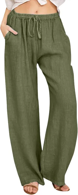 High Waist Wide Leg Linen Pants For Women Drawstring Boho Palazzo Trouser with Pockets Lounge Travel Vacation Outfits