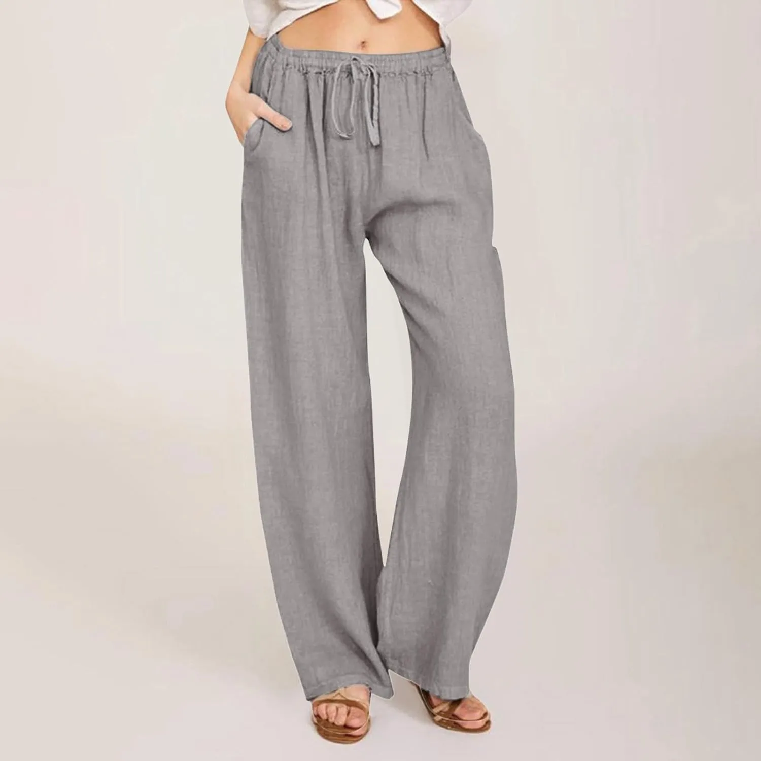 High Waist Wide Leg Linen Pants For Women Drawstring Boho Palazzo Trouser with Pockets Lounge Travel Vacation Outfits