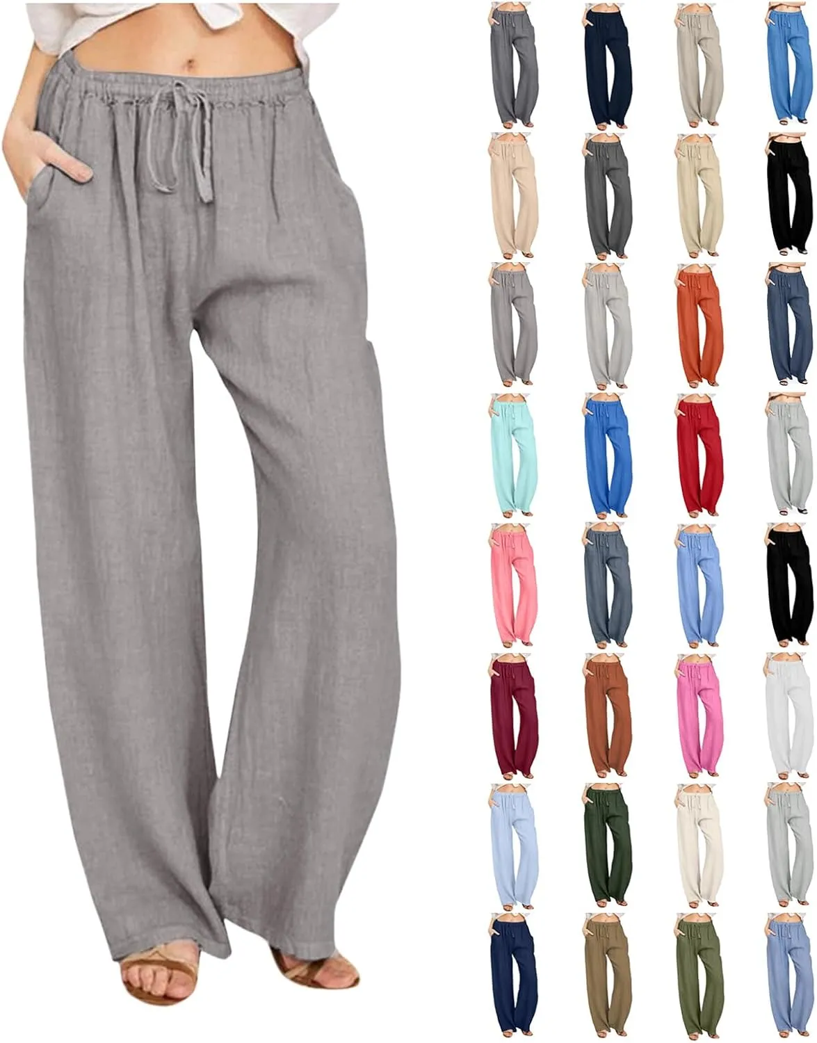 High Waist Wide Leg Linen Pants For Women Drawstring Boho Palazzo Trouser with Pockets Lounge Travel Vacation Outfits