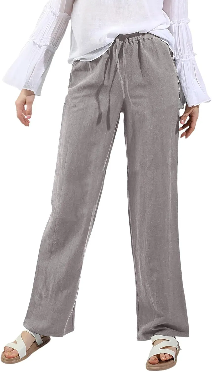 High Waist Wide Leg Linen Pants For Women Drawstring Boho Palazzo Trouser with Pockets Lounge Travel Vacation Outfits