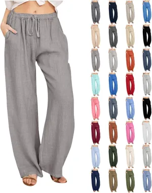 High Waist Wide Leg Linen Pants For Women Drawstring Boho Palazzo Trouser with Pockets Lounge Travel Vacation Outfits