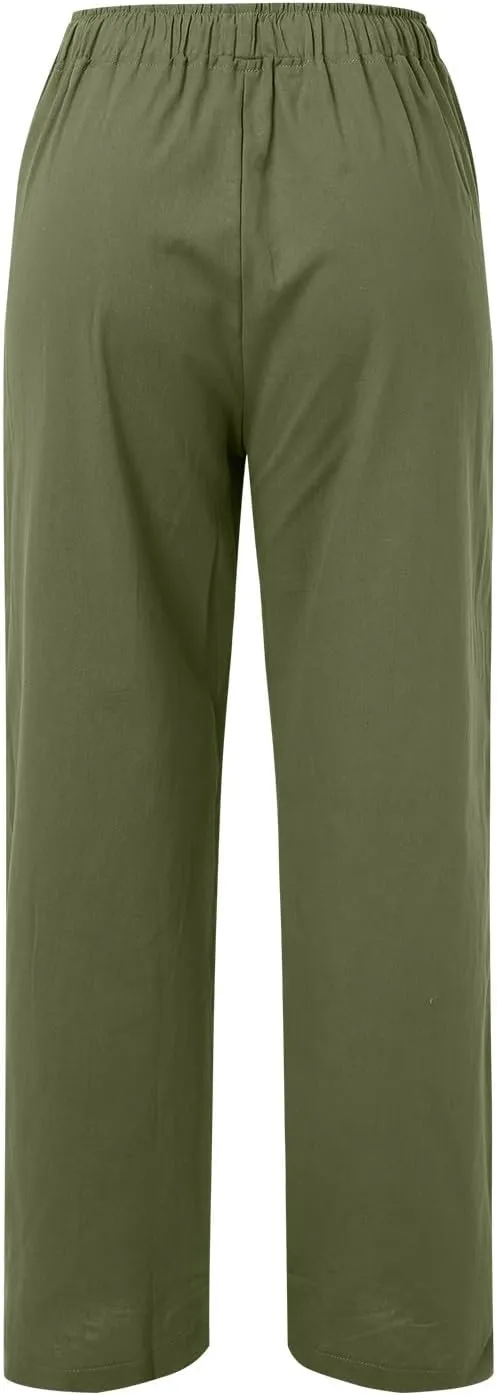 High Waist Wide Leg Linen Pants For Women Drawstring Boho Palazzo Trouser with Pockets Lounge Travel Vacation Outfits