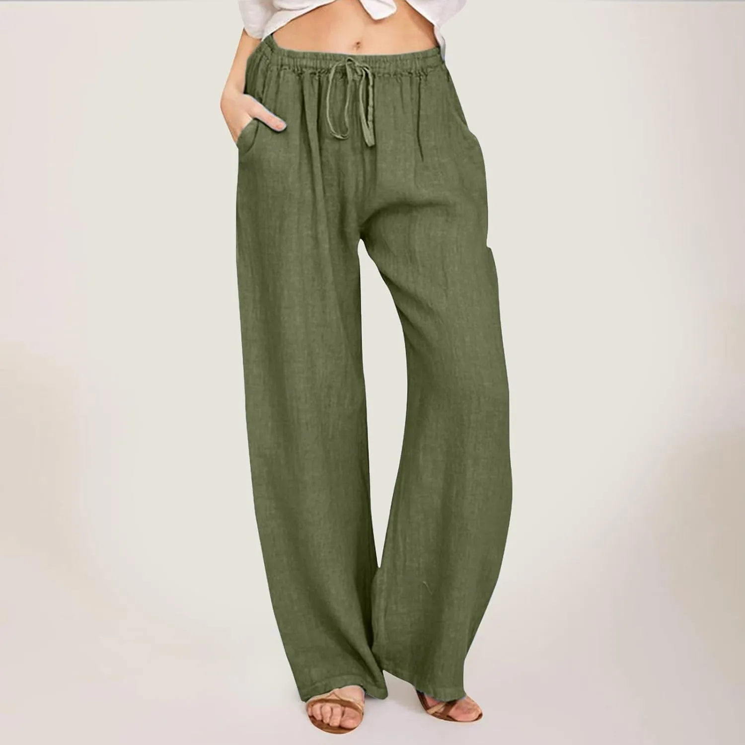 High Waist Wide Leg Linen Pants For Women Drawstring Boho Palazzo Trouser with Pockets Lounge Travel Vacation Outfits
