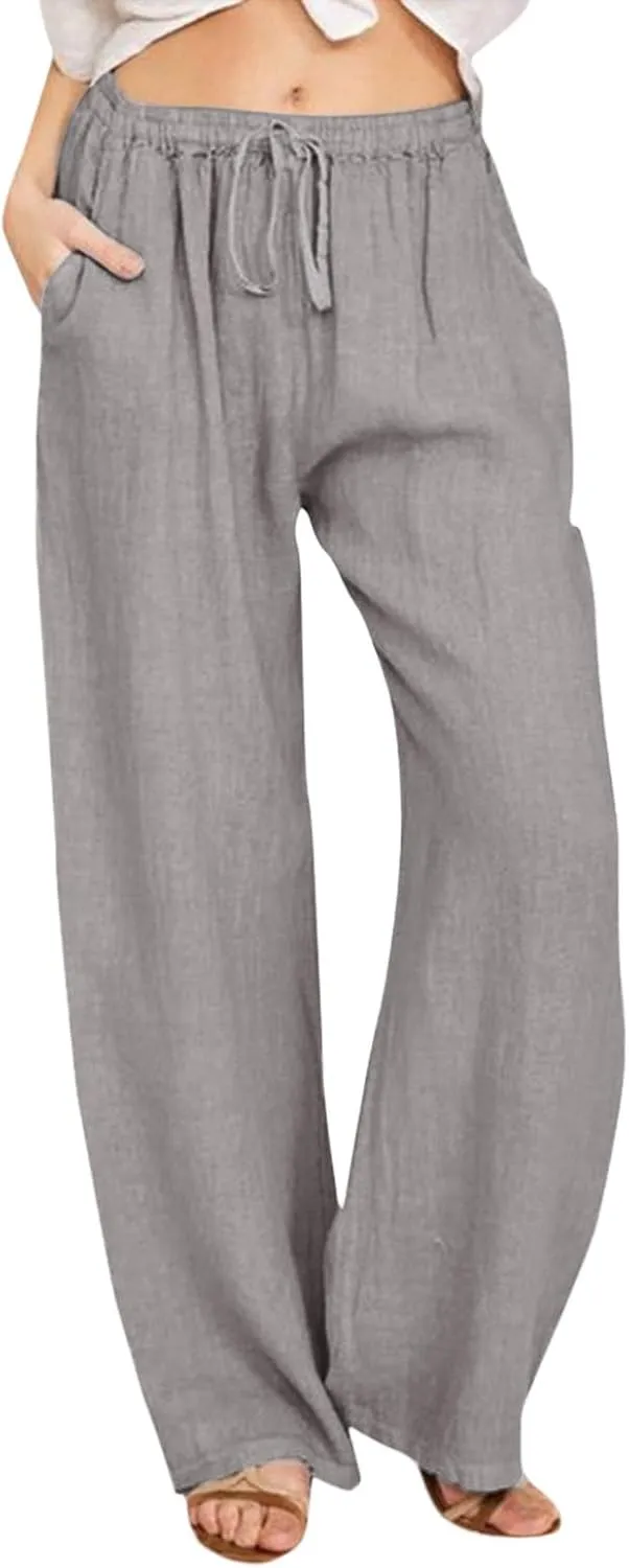 High Waist Wide Leg Linen Pants For Women Drawstring Boho Palazzo Trouser with Pockets Lounge Travel Vacation Outfits