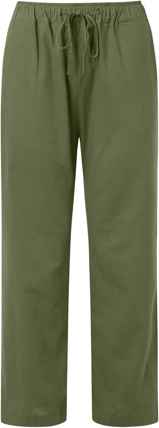 High Waist Wide Leg Linen Pants For Women Drawstring Boho Palazzo Trouser with Pockets Lounge Travel Vacation Outfits