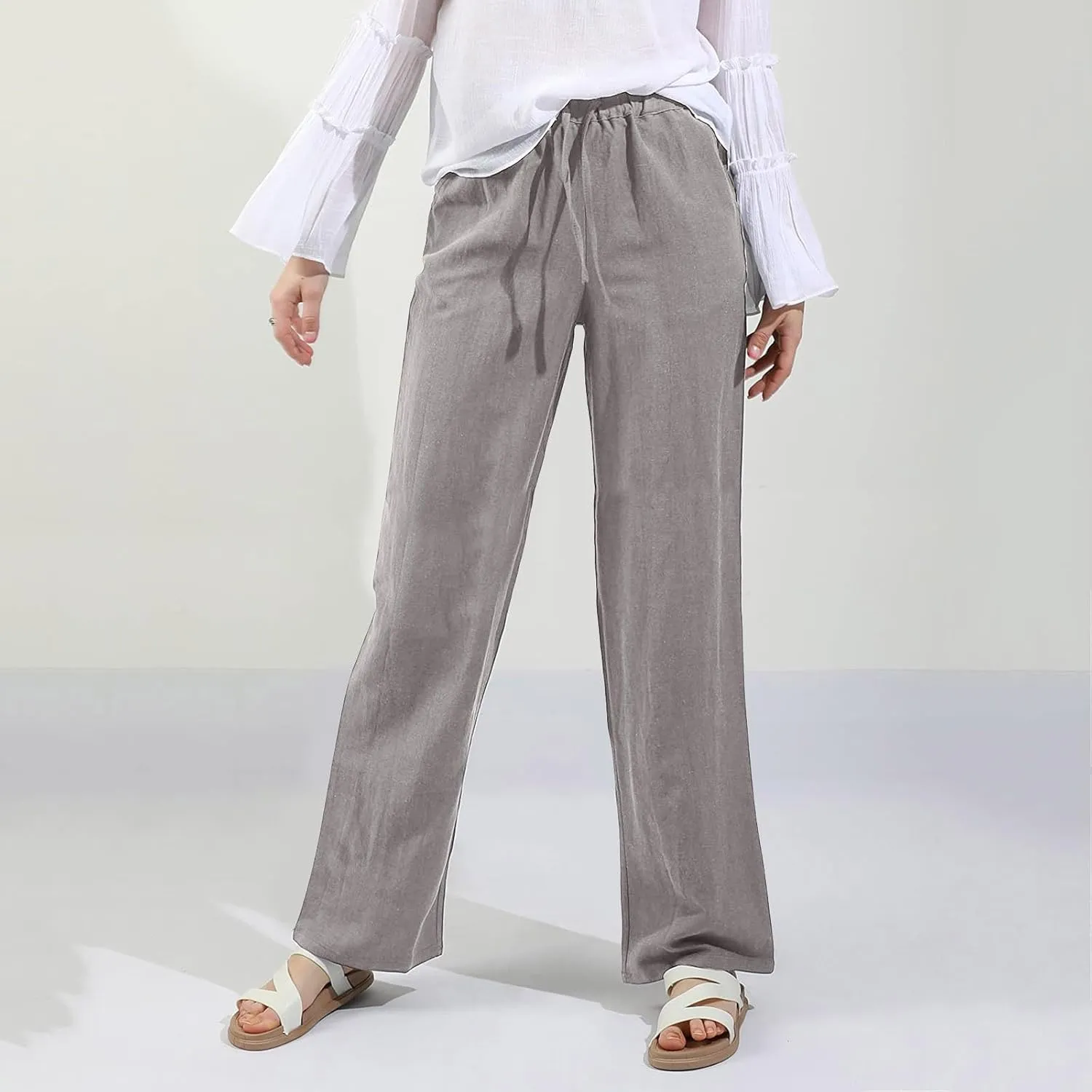 High Waist Wide Leg Linen Pants For Women Drawstring Boho Palazzo Trouser with Pockets Lounge Travel Vacation Outfits