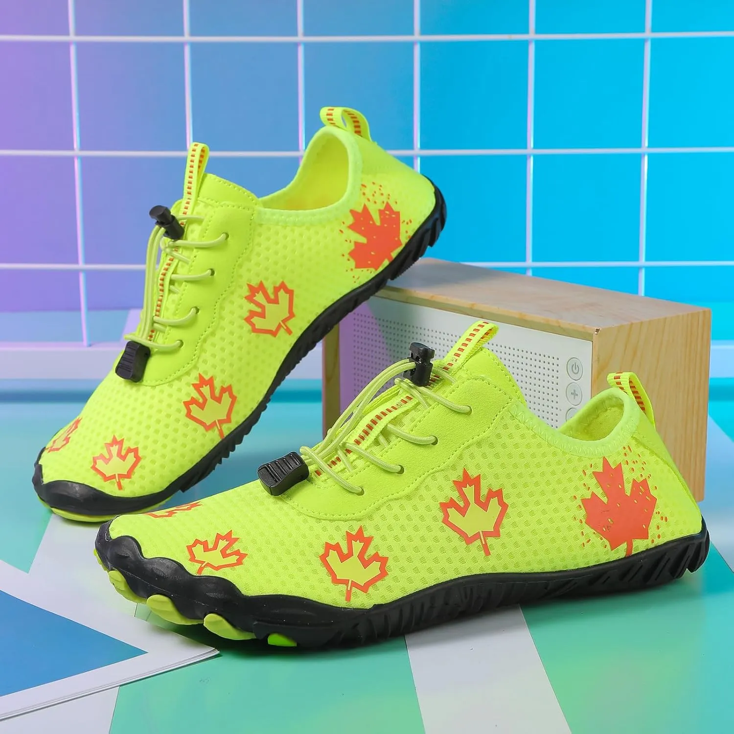 Hike Barefoot Shoes Women, Maple Leaf Print Grounded Barefoot Footwear Shoes, Neuropathy Walking Shoe Wide Toe Box Zero Drop Beach Sneakers for Gym Athletic Walking Running Sneakers Water Resistant
