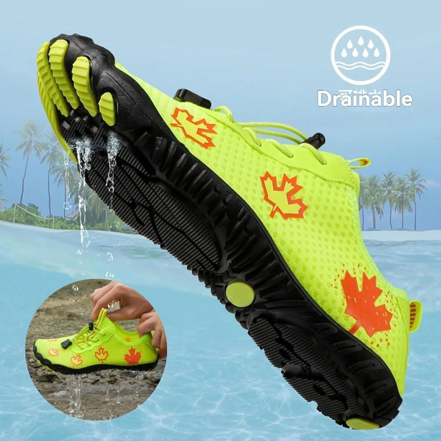 Hike Barefoot Shoes Women, Maple Leaf Print Grounded Barefoot Footwear Shoes, Neuropathy Walking Shoe Wide Toe Box Zero Drop Beach Sneakers for Gym Athletic Walking Running Sneakers Water Resistant