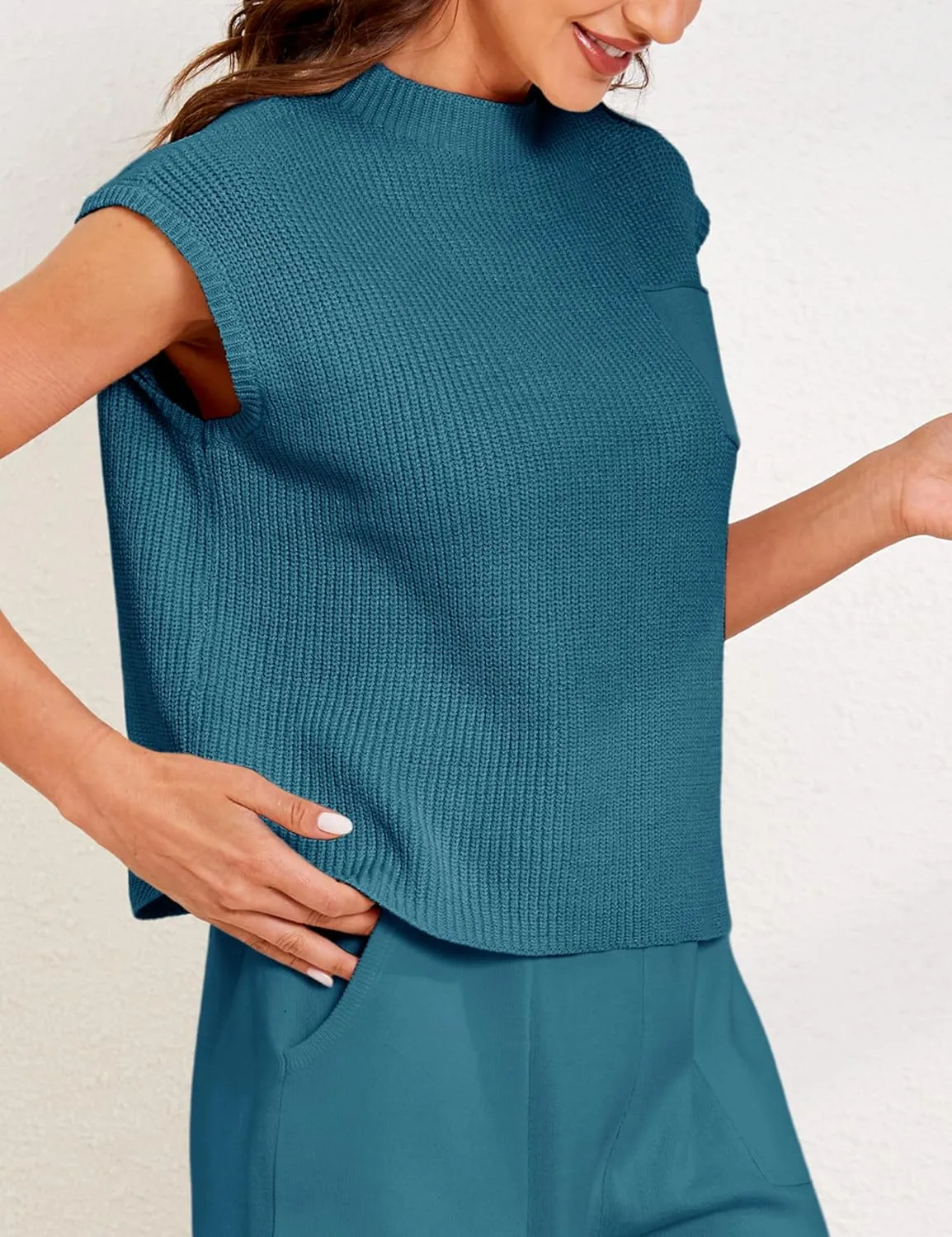 Himosyber Women's Solid Sleeveless Vest Mock Neck Cap Sleeve Knitwear Sweater Tops