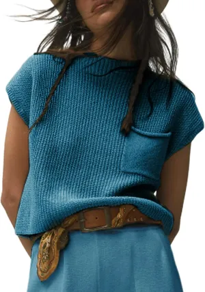 Himosyber Women's Solid Sleeveless Vest Mock Neck Cap Sleeve Knitwear Sweater Tops