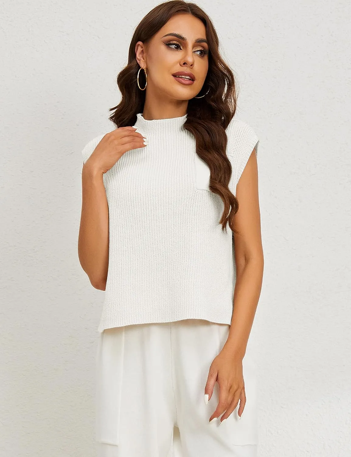 Himosyber Women's Solid Sleeveless Vest Mock Neck Cap Sleeve Knitwear Sweater Tops