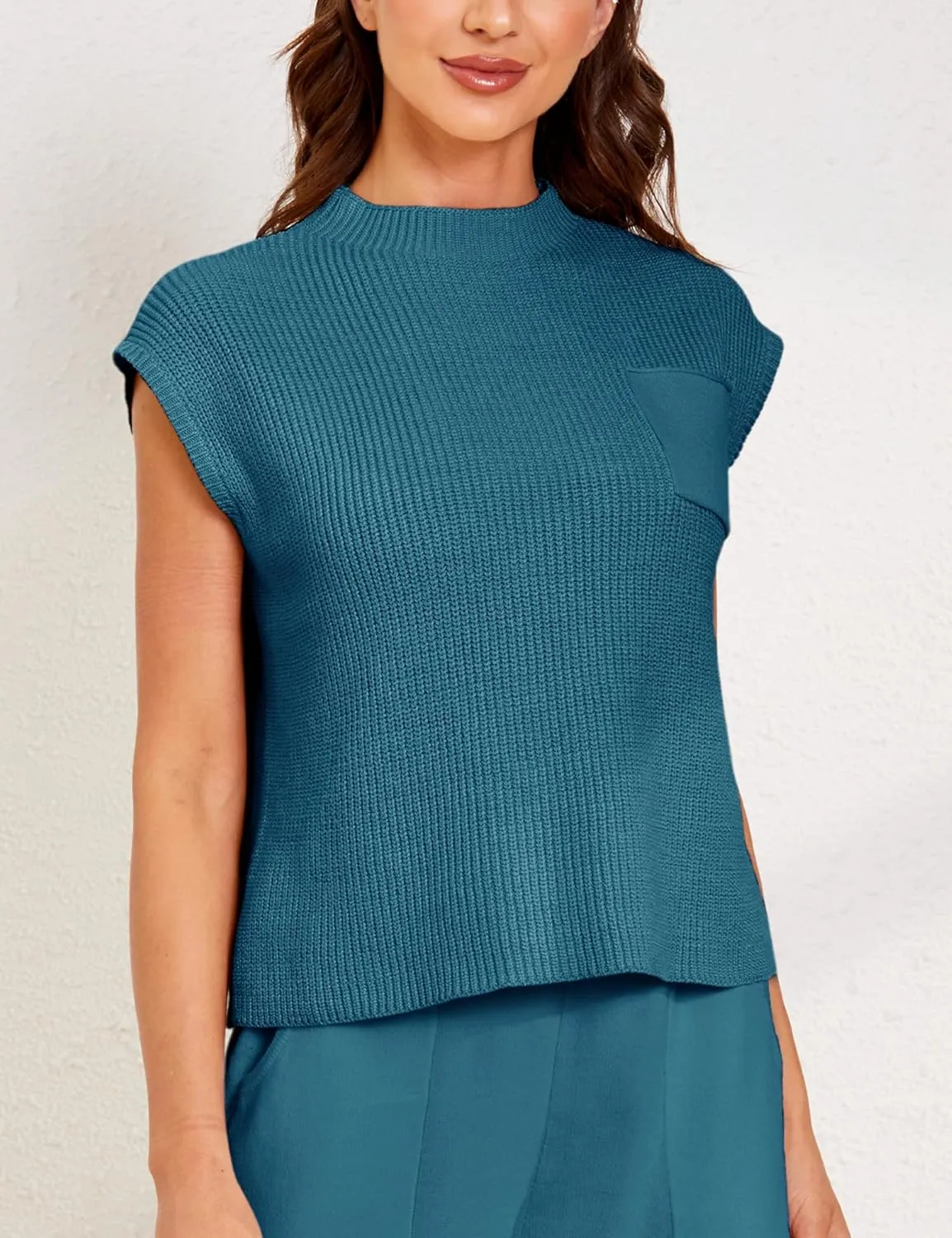 Himosyber Women's Solid Sleeveless Vest Mock Neck Cap Sleeve Knitwear Sweater Tops