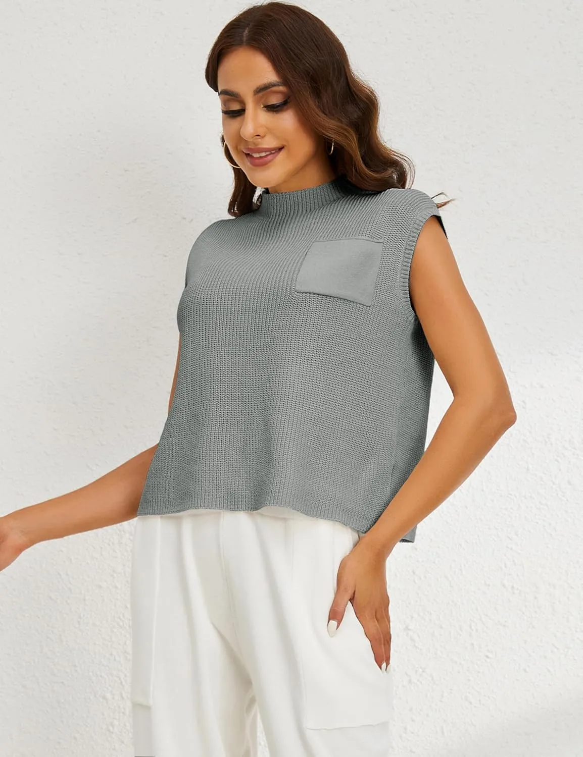 Himosyber Women's Solid Sleeveless Vest Mock Neck Cap Sleeve Knitwear Sweater Tops