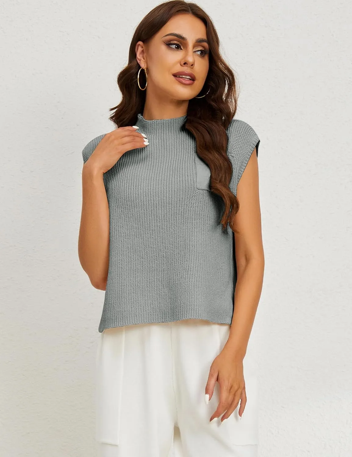 Himosyber Women's Solid Sleeveless Vest Mock Neck Cap Sleeve Knitwear Sweater Tops