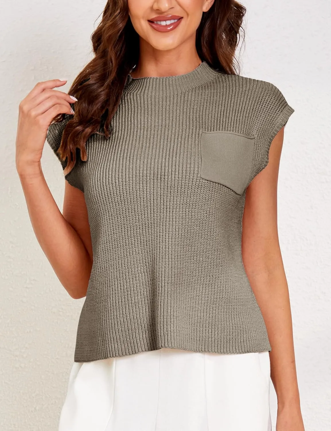 Himosyber Women's Solid Sleeveless Vest Mock Neck Cap Sleeve Knitwear Sweater Tops