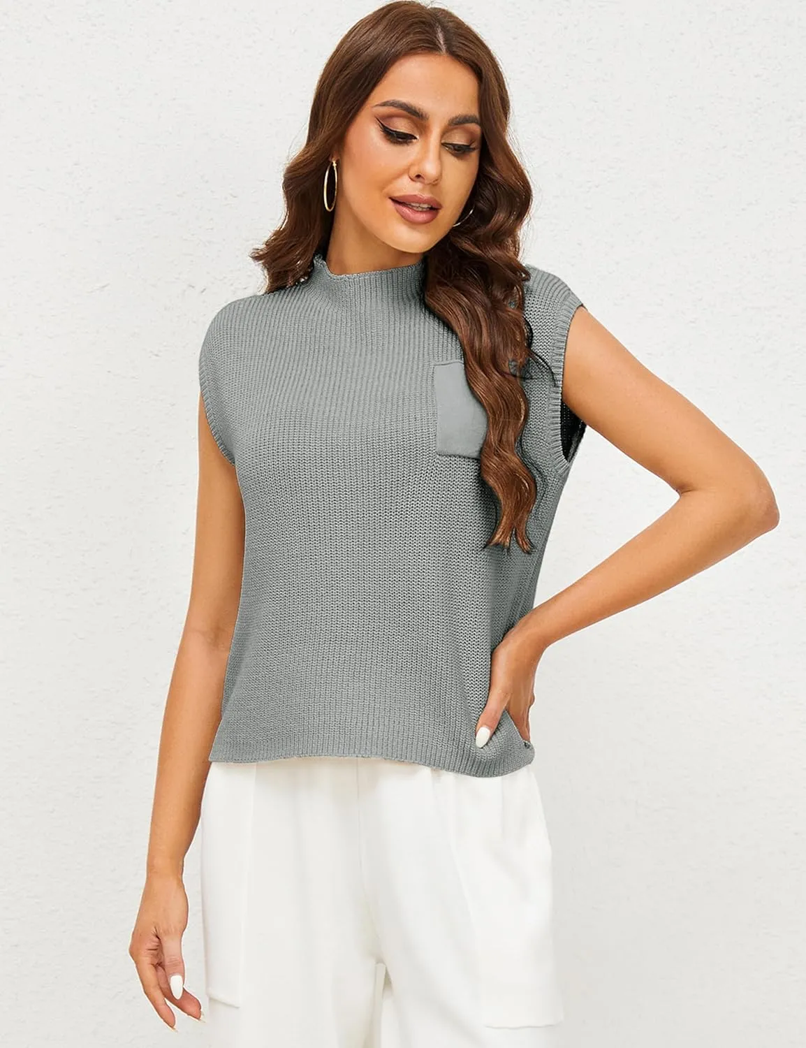 Himosyber Women's Solid Sleeveless Vest Mock Neck Cap Sleeve Knitwear Sweater Tops