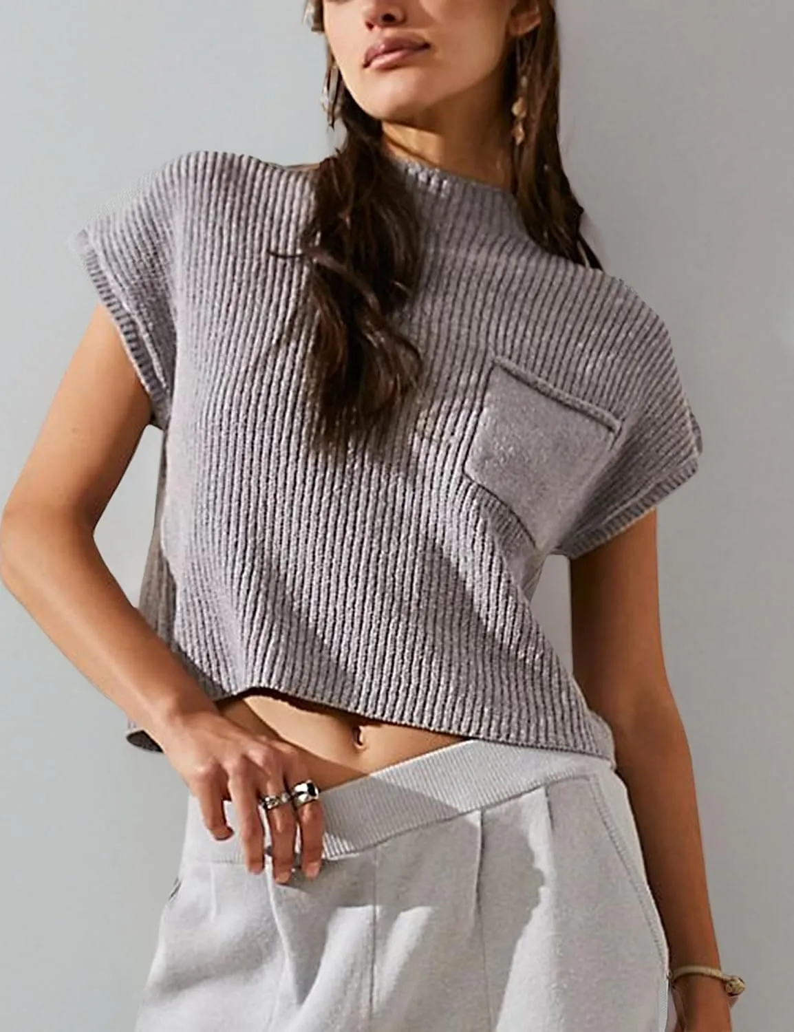 Himosyber Women's Solid Sleeveless Vest Mock Neck Cap Sleeve Knitwear Sweater Tops