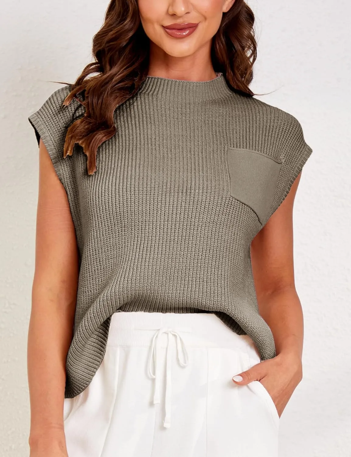 Himosyber Women's Solid Sleeveless Vest Mock Neck Cap Sleeve Knitwear Sweater Tops