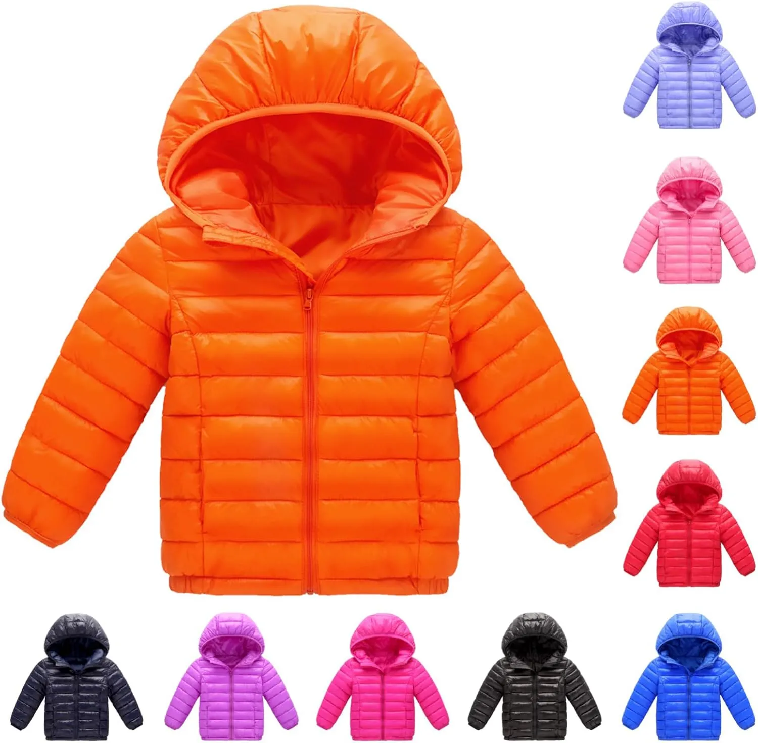 HIUARA Children's Fashion Winter Coats Solid Color Lightweight Down Jacket with Hood Zip Up Quilted Puffer Jackets