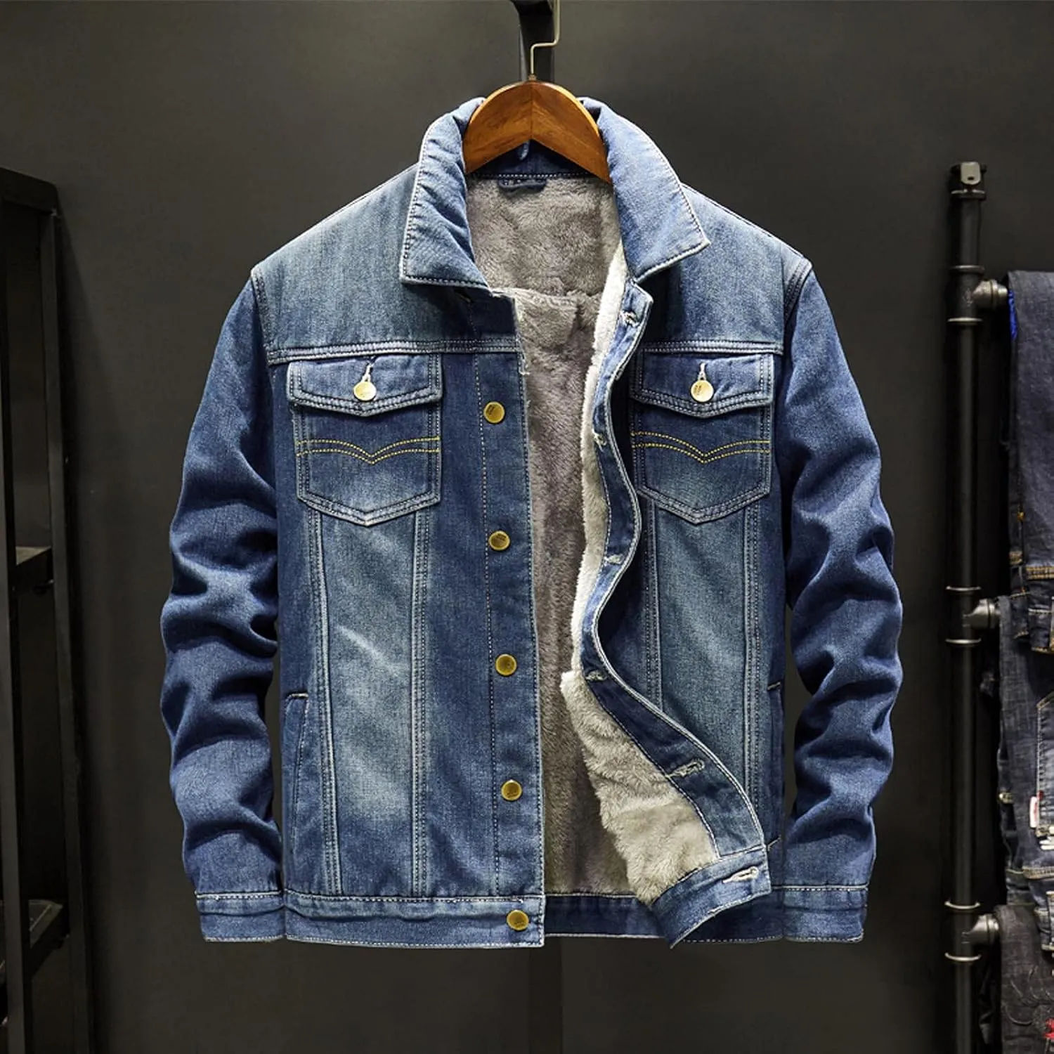 hlysgo Men's Sherpa Fleece Lined Denim Jacket Warm Winter Trucker Jacket Plus Size Thicken Button Down Cowboy Jean Jacket