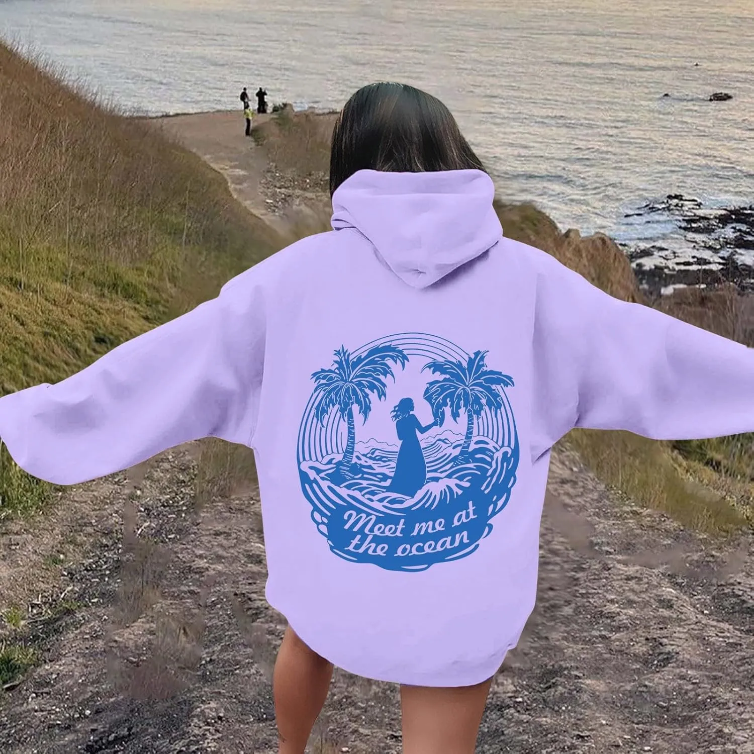Hoodie for Women Meet Me at The Ocean Oversized Preppy Graphic Sweatshirt Teen Girls Cute Y2K Casual Pullover Tops