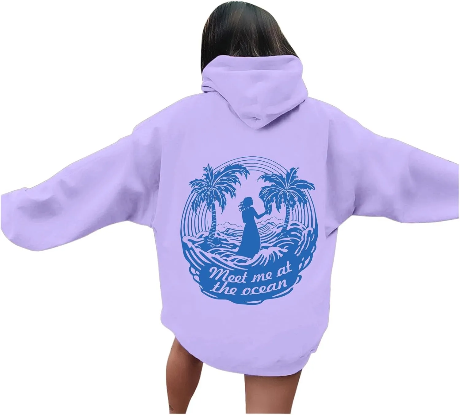 Hoodie for Women Meet Me at The Ocean Oversized Preppy Graphic Sweatshirt Teen Girls Cute Y2K Casual Pullover Tops