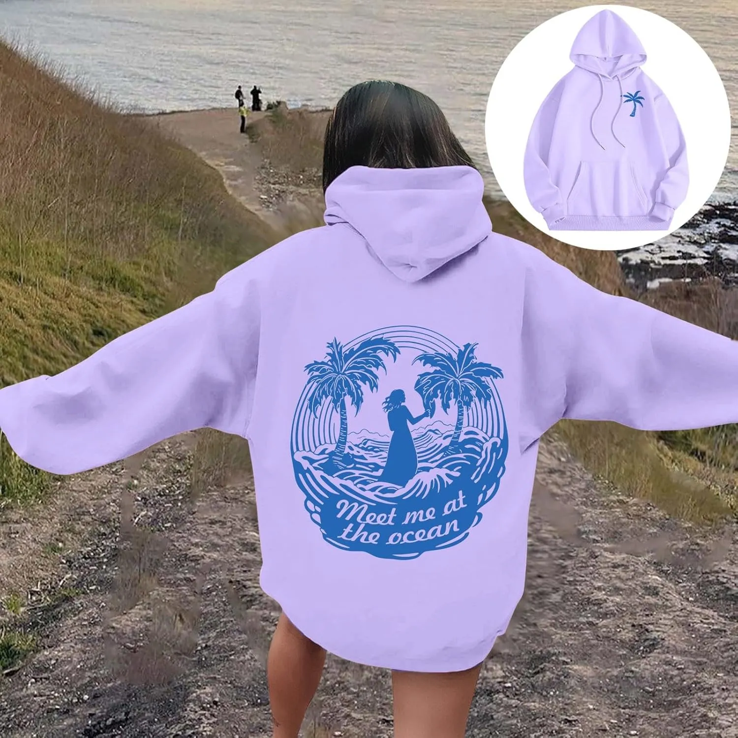 Hoodie for Women Meet Me at The Ocean Oversized Preppy Graphic Sweatshirt Teen Girls Cute Y2K Casual Pullover Tops