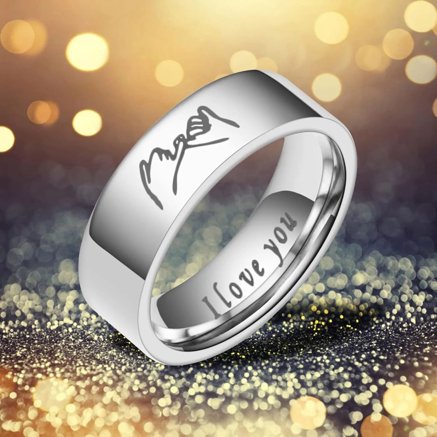 I Love You Promise Rings for Couples Hand in Hand Statement Ring Stainless Steel Wedding Engagement Bands for Women