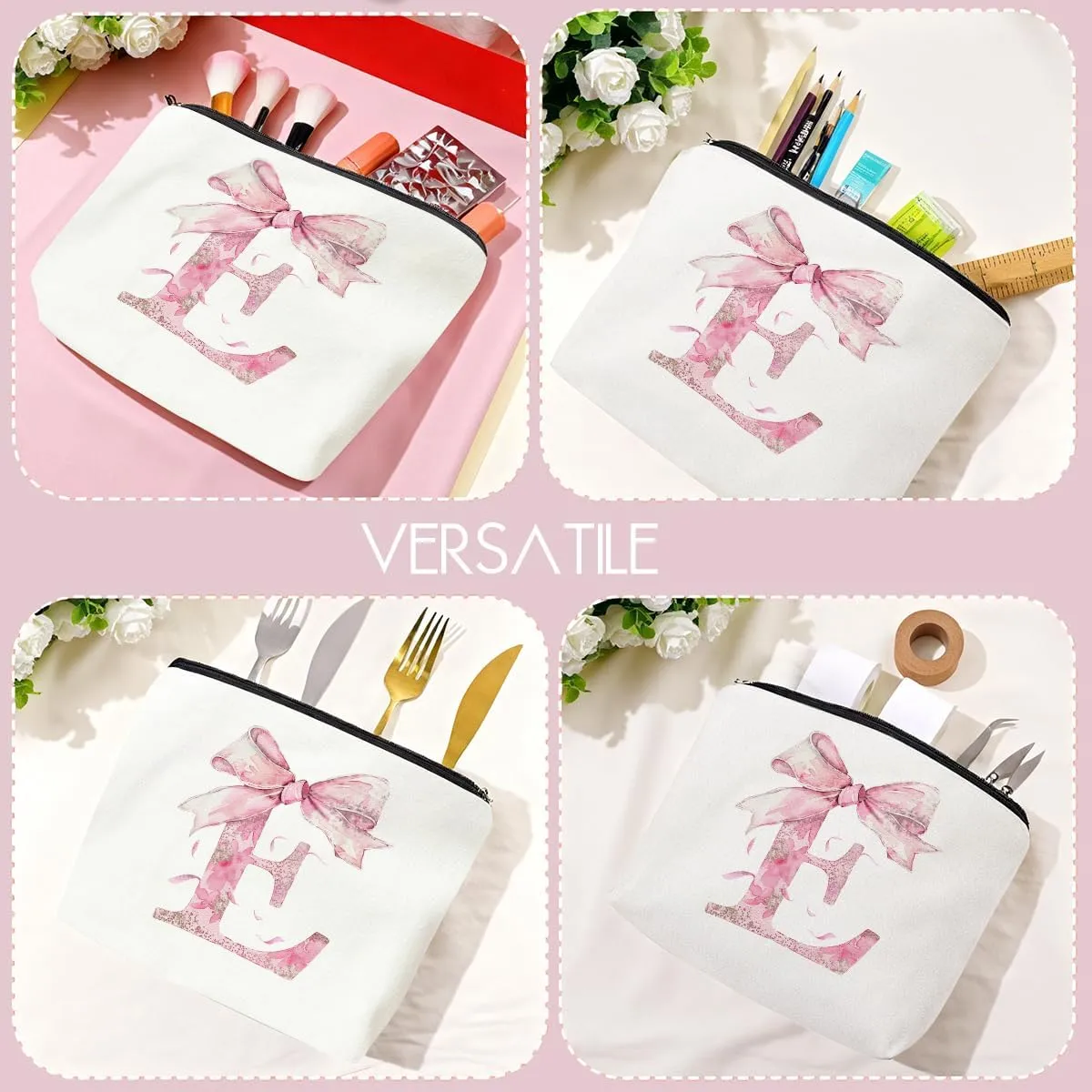 Initial Makeup Bag, Monogram Bow Travel Toiletry Bag, Make Up Bag, Personalized Preppy Cosmetic Bag, Toiletry Bag Makeup Pouch Bag for Purse, Birthday Gifts for Women (Pink,E)