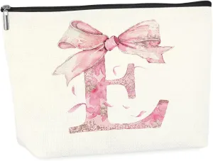 Initial Makeup Bag, Monogram Bow Travel Toiletry Bag, Make Up Bag, Personalized Preppy Cosmetic Bag, Toiletry Bag Makeup Pouch Bag for Purse, Birthday Gifts for Women (Pink,E)