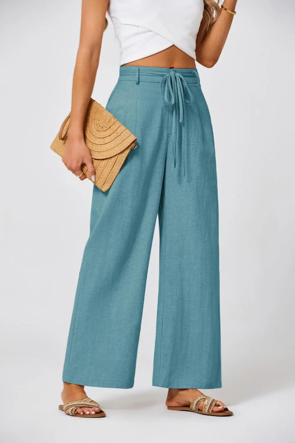 JASAMBAC Women's Linen Palazzo Lounge Pants High Waist Straight Wide Leg Summer Beach Causal Trousers with Double Belts
