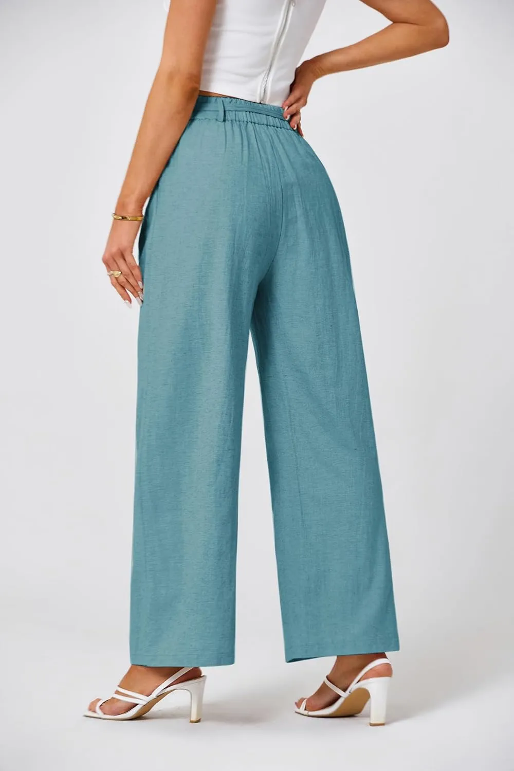 JASAMBAC Women's Linen Palazzo Lounge Pants High Waist Straight Wide Leg Summer Beach Causal Trousers with Double Belts