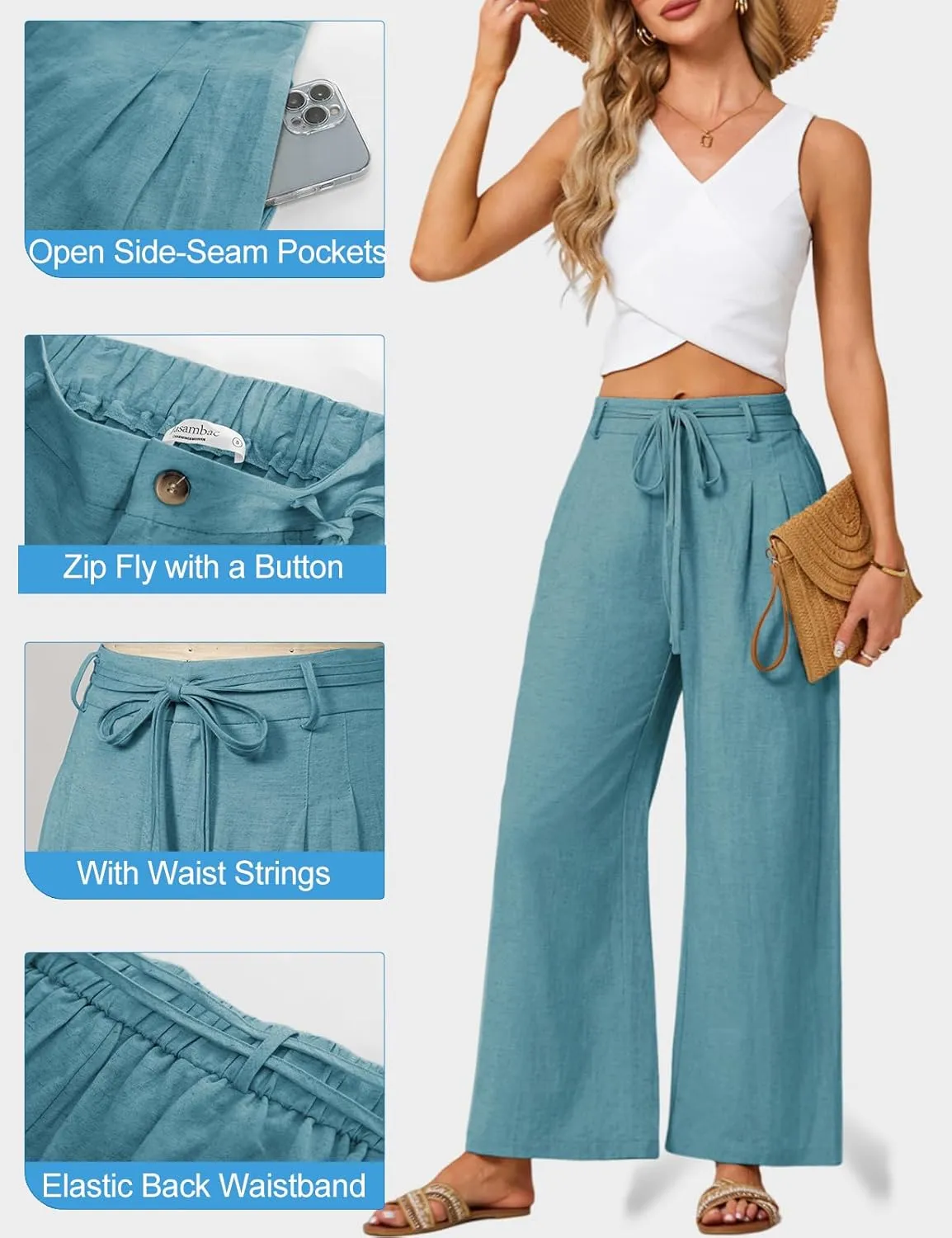 JASAMBAC Women's Linen Palazzo Lounge Pants High Waist Straight Wide Leg Summer Beach Causal Trousers with Double Belts