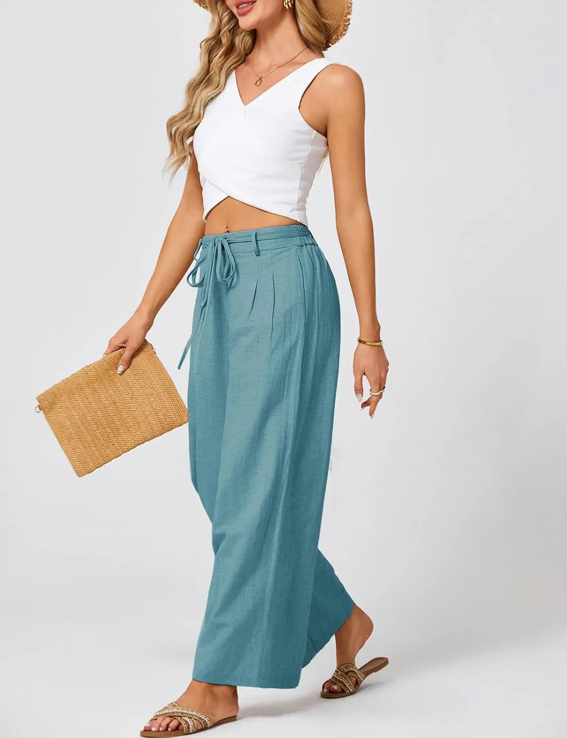 JASAMBAC Women's Linen Palazzo Lounge Pants High Waist Straight Wide Leg Summer Beach Causal Trousers with Double Belts