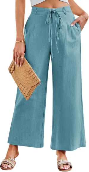 JASAMBAC Women's Linen Palazzo Lounge Pants High Waist Straight Wide Leg Summer Beach Causal Trousers with Double Belts