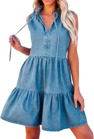 Jean Dresses for Women Tank Top Button Down Cap Sleeve Demin Mini Dress Ruffle Flowy Party Business Casual Outfits