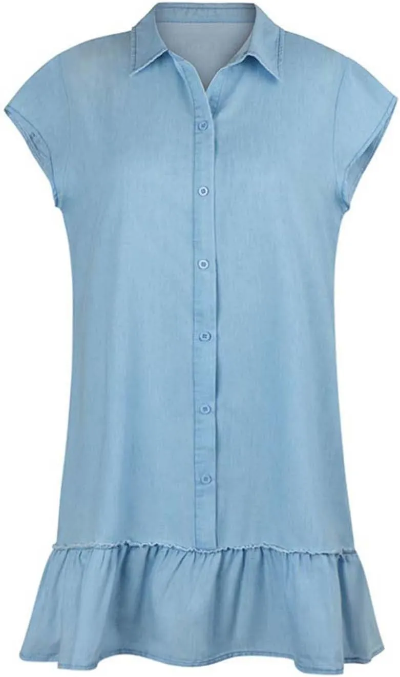 Jean Dresses for Women Tank Top Button Down Cap Sleeve Demin Mini Dress Ruffle Flowy Party Business Casual Outfits