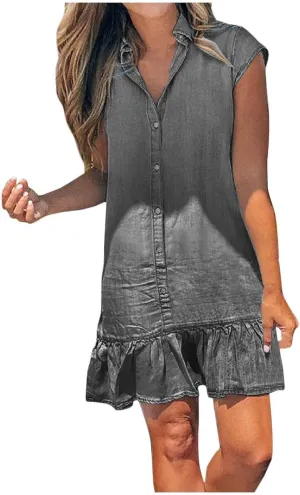 Jean Dresses for Women Tank Top Button Down Cap Sleeve Demin Mini Dress Ruffle Flowy Party Business Casual Outfits