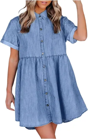 Jean Dresses for Women Tank Top Button Down Cap Sleeve Demin Mini Dress Ruffle Flowy Party Business Casual Outfits