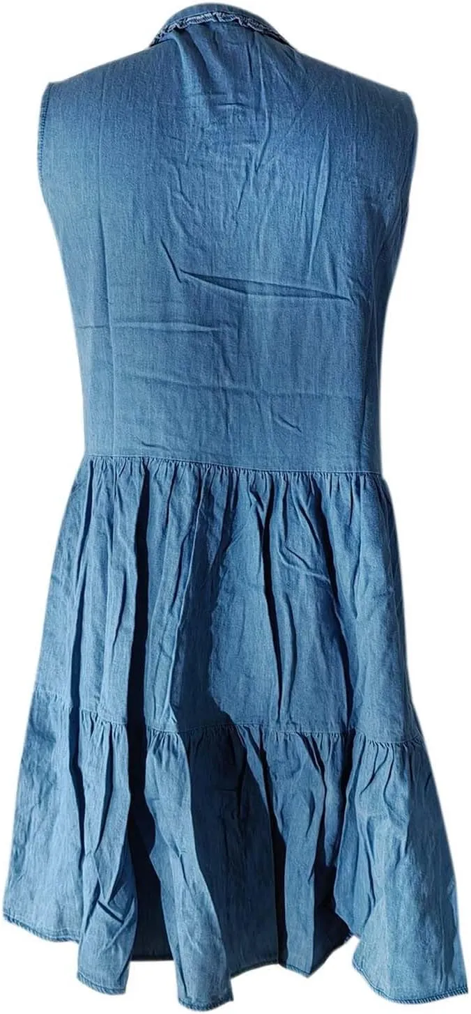 Jean Dresses for Women Tank Top Button Down Cap Sleeve Demin Mini Dress Ruffle Flowy Party Business Casual Outfits