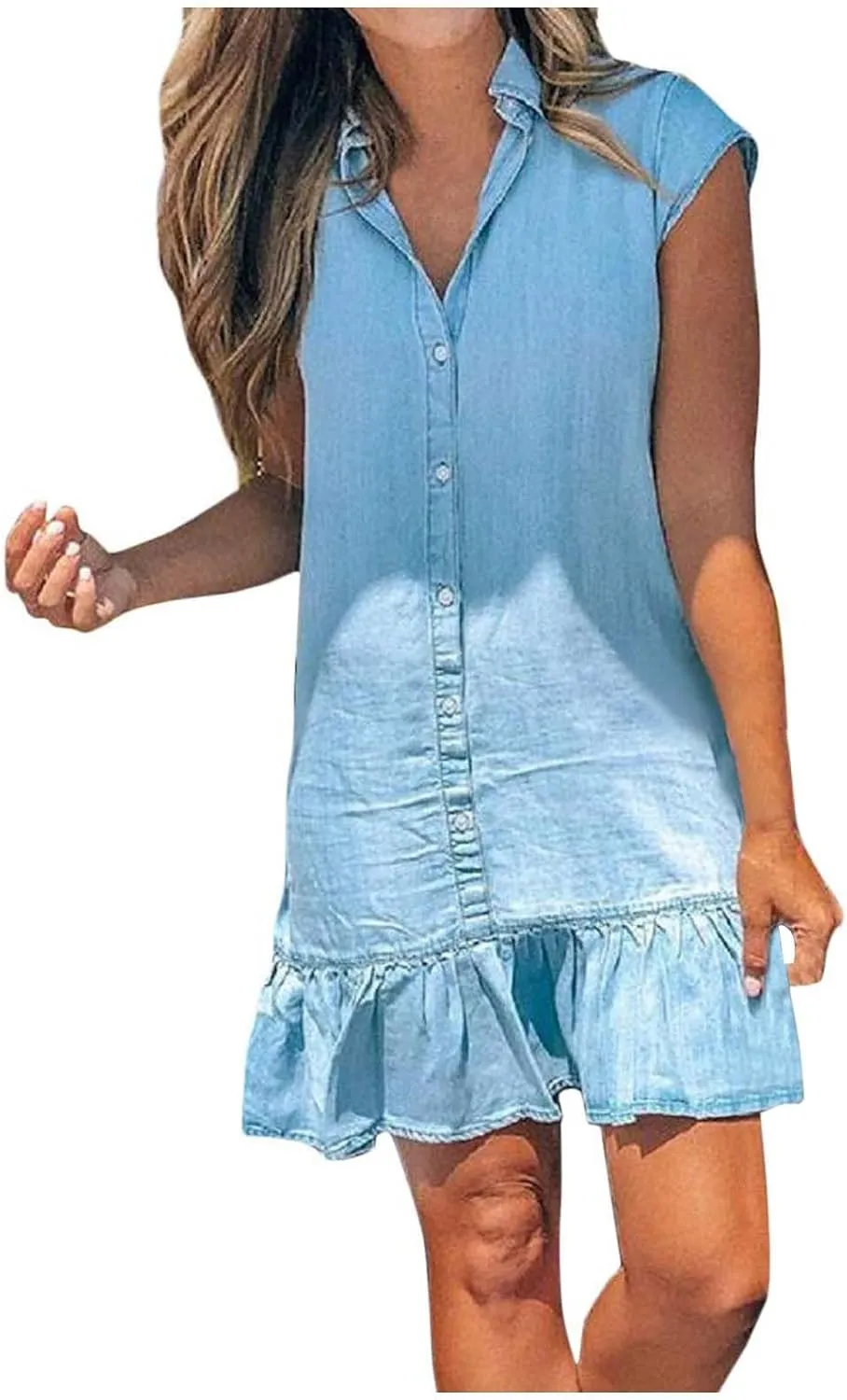 Jean Dresses for Women Tank Top Button Down Cap Sleeve Demin Mini Dress Ruffle Flowy Party Business Casual Outfits
