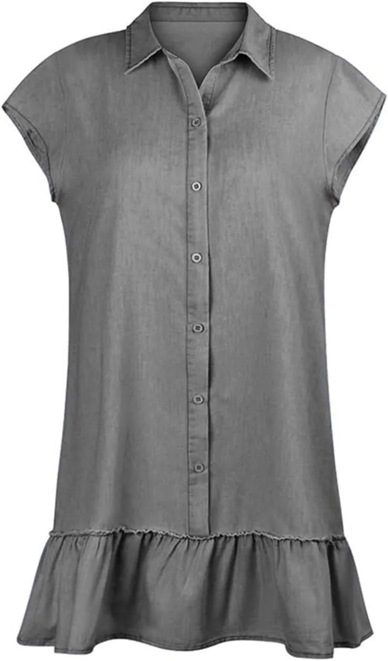Jean Dresses for Women Tank Top Button Down Cap Sleeve Demin Mini Dress Ruffle Flowy Party Business Casual Outfits