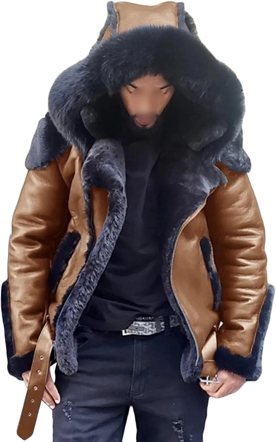 JEsilunmaMY Men's Fur Hoodie Sherpa Leather Jacket Fleece Lined Belt Warm Winter Coat Heavyweight Thicken Motorcycle Outwear