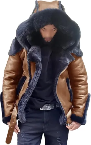 JEsilunmaMY Men's Fur Hoodie Sherpa Leather Jacket Fleece Lined Belt Warm Winter Coat Heavyweight Thicken Motorcycle Outwear
