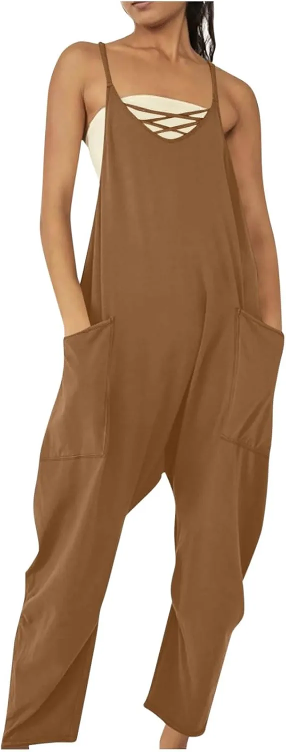 JOAU Overalls for Women Casual Sleeveless Spaghetti Strap Jumpsuits Criss Cross V Neck Baggy Harem Pants Romper with Pockets
