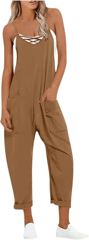 JOAU Overalls for Women Casual Sleeveless Spaghetti Strap Jumpsuits Criss Cross V Neck Baggy Harem Pants Romper with Pockets
