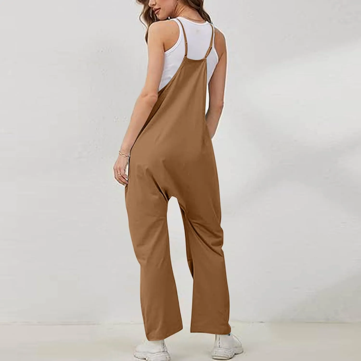 JOAU Overalls for Women Casual Sleeveless Spaghetti Strap Jumpsuits Criss Cross V Neck Baggy Harem Pants Romper with Pockets