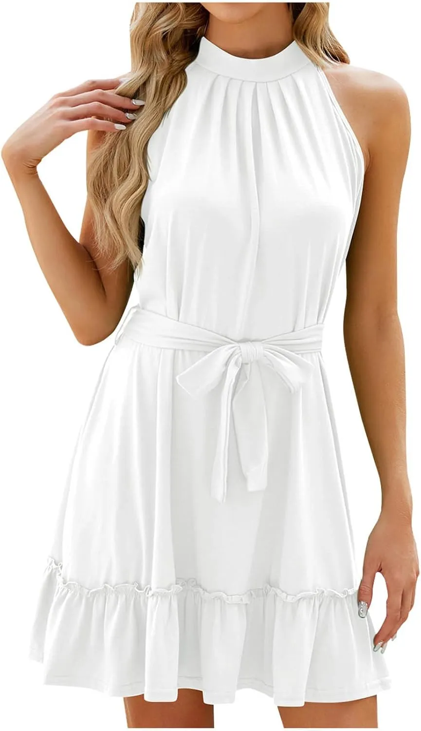 JOAU Women Halter Neck Summer Dresses Sleeveless Sundress Belt Pleated A-Line Ruffle Tie Keyhole Back Party Beach Mini Dress