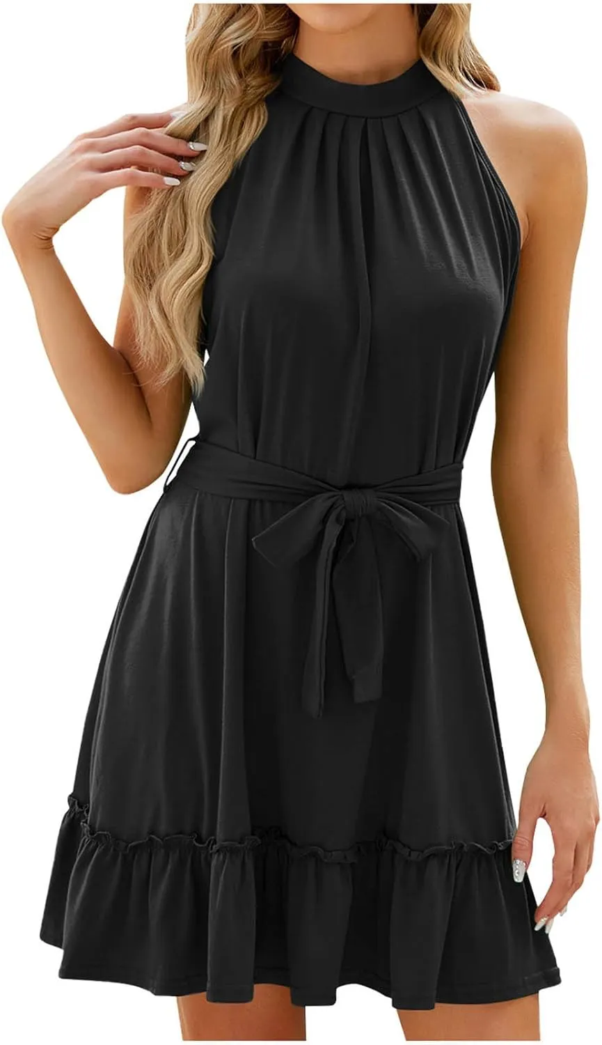 JOAU Women Halter Neck Summer Dresses Sleeveless Sundress Belt Pleated A-Line Ruffle Tie Keyhole Back Party Beach Mini Dress