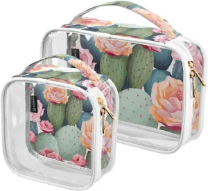 Joko Ivery Cactus Pink Flower 2 Pieces Clear Makeup Cosmetic Toiletry Bags for Women Men PVC Waterproof Portable Travel Storage Carry Pouch with Gold Zippers Handbag Purse for Bathroom Organizing